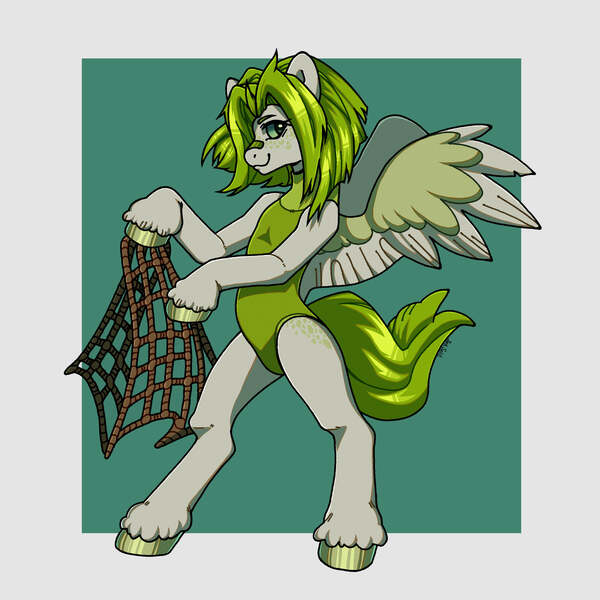 Size: 3000x3000 | Tagged: safe, artist:jackselit, derpibooru import, oc, oc:limma citronyx, unofficial characters only, pegasus, semi-anthro, artfight, bandaid, bandaid on nose, clothes, fishing net, image, jpeg, passepartout, simple background, smiling, spread wings, swimsuit, wings