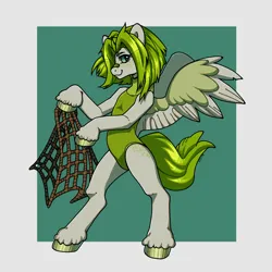 Size: 3000x3000 | Tagged: safe, artist:jackselit, derpibooru import, oc, oc:limma citronyx, unofficial characters only, pegasus, semi-anthro, artfight, bandaid, bandaid on nose, clothes, fishing net, image, jpeg, passepartout, simple background, smiling, spread wings, swimsuit, wings