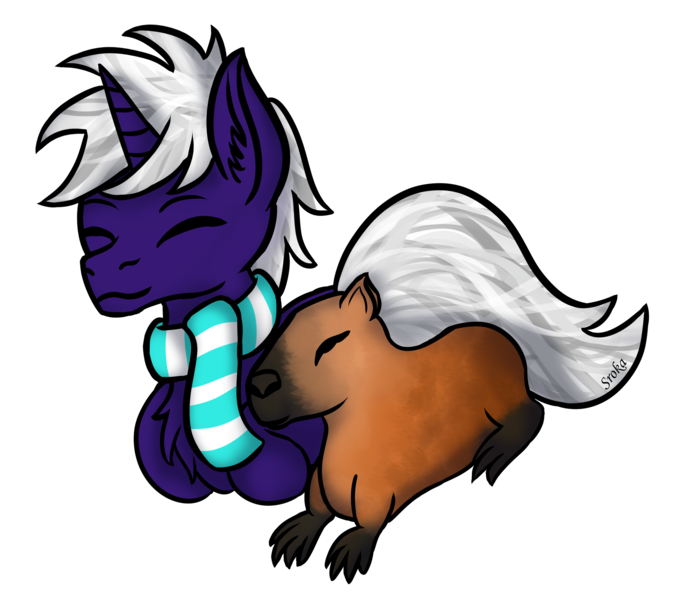 Size: 2328x2076 | Tagged: safe, artist:sroka001, derpibooru import, oc, oc:night blaze, pony, unicorn, animal, capybara, clothes, horn, image, lying down, male, male oc, png, ponyloaf, prone, purple coat, relaxing, scarf, simple background, stallion, striped scarf, transparent background, white mane