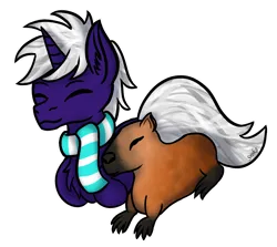 Size: 2328x2076 | Tagged: safe, artist:sroka001, derpibooru import, oc, oc:night blaze, pony, unicorn, animal, capybara, clothes, horn, image, lying down, male, male oc, png, ponyloaf, prone, purple coat, relaxing, scarf, simple background, stallion, striped scarf, transparent background, white mane