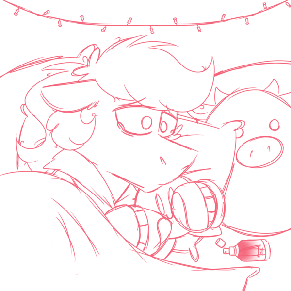 Size: 1080x1080 | Tagged: safe, artist:fuckomcfuck, derpibooru import, oc, oc:doodles, pegasus, pony, aftershave, alone, bags under eyes, bed, blanket, clothes, crying, fairy lights, hoodie, image, kirby, kirby (series), messy mane, on bed, pillow, plushie, png, simple background, sketch, solo, squishmallow, vent art, white background