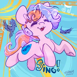 Size: 894x894 | Tagged: safe, artist:midnightpremiere, derpibooru import, oc, oc:dew song, unofficial characters only, bird, unicorn, eyes closed, flying, horn, image, jpeg, jumping, music notes, open mouth, patterned background, singing, sparrow, sun, teeth