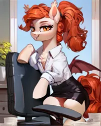 Size: 1016x1256 | Tagged: safe, ai content, derpibooru import, machine learning generated, prompter:radioglitch, stable diffusion, bat pony, blouse, chair, clothes, generator:pony diffusion v6 xl, image, office lady, paper, plant, png, secretary, skirt