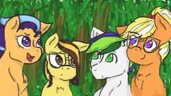 Size: 1600x900 | Tagged: safe, artist:crystalpony32, derpibooru import, oc, oc:ambrosia honeycrisp, oc:dawn (crystalpony32), oc:jasper (crystalpony32), oc:novissima una, unofficial characters only, dracony, earth pony, hybrid, pegasus, pony, g4, bust, chest fluff, colt, female, filly, foal, forest, glasses, group, horns, image, interspecies offspring, jpeg, male, nature, next generation, offspring, open mouth, open smile, parent:applejack, parent:cheese sandwich, parent:flash sentry, parent:pinkie pie, parent:rarity, parent:spike, parent:trenderhoof, parent:twilight sparkle, parents:cheesepie, parents:flashlight, parents:sparity, parents:trenderjack, smiling, tree