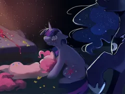 Size: 2048x1536 | Tagged: semi-grimdark, artist:piesinful, derpibooru import, pinkie pie, princess luna, twilight sparkle, alicorn, earth pony, pony, unicorn, comic:unlucky day, fanfic:cupcakes, g4, blood, crying, dead, duo focus, female, floppy ears, horn, image, jpeg, looking back, mare, sitting, trio, trio female, unicorn twilight, wavy mouth