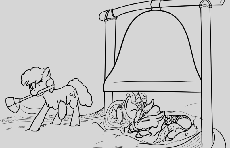 Size: 2062x1324 | Tagged: safe, artist:barhandar, banned from derpibooru, deleted from derpibooru, derpibooru import, oc, oc:lichen, unofficial characters only, kirin, pony, taiga pony, bell, gray background, grayscale, hammer, image, monochrome, mouth hold, png, simple background, sketch, this will end in fire, this will end in nirik, trio