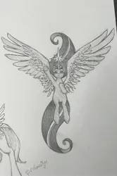 Size: 2127x3203 | Tagged: safe, artist:p1elemuisje, derpibooru import, twilight sparkle, twilight sparkle (alicorn), alicorn, pony, g4, bipedal, black and white, female, floating, flying, glow, glowing horn, grayscale, hair, horn, image, jpeg, large wings, magic, magic aura, monochrome, signature, simple background, solo, spread wings, straight hair, traditional art, transparent background, wings