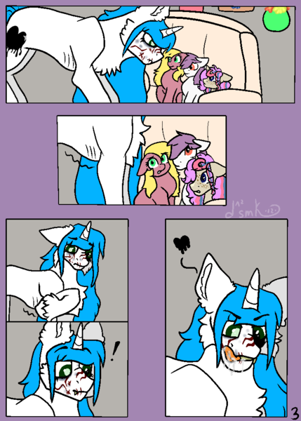 Size: 750x1050 | Tagged: safe, artist:deadsmoke, derpibooru import, oc, oc:snowflake white, unofficial characters only, earth pony, pony, unicorn, comic:a hearty snack, commission, drool, heart, horn, hungry, image, imminent vore, licking, licking lips, nervous, png, sniffing, tongue out