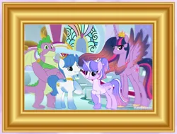 Size: 1802x1368 | Tagged: safe, artist:lovinglypromise, derpibooru import, princess twilight 2.0, spike, twilight sparkle, twilight sparkle (alicorn), oc, oc:astral shine, oc:misty petal, alicorn, dragon, pony, unicorn, g4, the last problem, canon x oc, female, gigachad spike, horn, image, male, mare, offspring, older, older spike, older twilight, older twilight sparkle (alicorn), parent:oc:astral shine, parent:twilight sparkle, parents:canon x oc, png, stallion