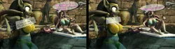 Size: 3840x1080 | Tagged: suggestive, artist:sfm deer animations, ponerpics import, oc, oc:shimmering spectacle, unofficial characters only, anthro, 3d, bikini, breasts, clothes, dialogue, feet, female, image, jpeg, magical lesbian spawn, magical threesome spawn, offspring, swimming pool, swimsuit, talking