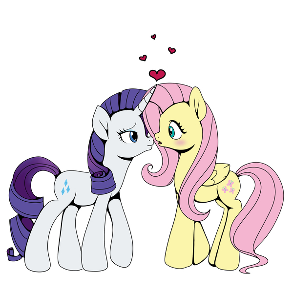 Size: 2600x2600 | Tagged: safe, artist:bunnyweinberger, derpibooru import, fluttershy, rarity, pegasus, pony, unicorn, g4, blushing, duo, eyeshadow, female, flarity, floating heart, folded wings, heart, high res, horn, image, jpeg, lesbian, looking at each other, looking at someone, makeup, mare, narrowed eyes, open mouth, profile, ringlets, shipping, simple background, smiling, surprised, walking, white background, wings