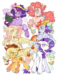 Size: 1536x1998 | Tagged: safe, artist:sharpycharot, derpibooru import, applejack, fluttershy, pinkie pie, rainbow dash, rarity, twilight sparkle, twilight sparkle (alicorn), alicorn, classical unicorn, pegasus, pony, unicorn, apple, big crown thingy, blush sticker, blushing, book, bowtie, chest fluff, cloven hooves, element of magic, female, floppy ears, food, freckles, glasses, horn, image, jewelry, jpeg, leonine tail, magic, mane six, mare, one wing out, regalia, roller skates, round glasses, shoulder freckles, simple background, skates, tongue out, unshorn fetlocks, white background, winged hooves, wings