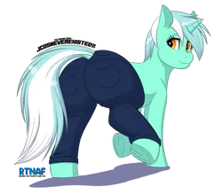 Size: 4093x3583 | Tagged: safe, artist:jcosneverexisted, derpibooru import, lyra heartstrings, pony, unicorn, butt, clothes, denim, female, frog (hoof), horn, image, jeans, looking back, lyrebutt, mare, pants, plot, png, presenting, solo, underhoof