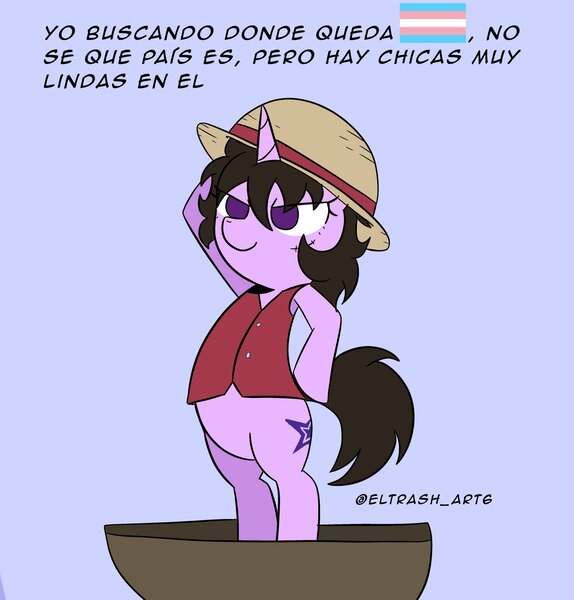 Size: 1958x2048 | Tagged: safe, artist:eltrash_art6, derpibooru import, oc, unofficial characters only, pony, unicorn, blue background, boat, clothes, cosplay, costume, crossover, female, hat, horn, image, jpeg, mare, monkey d. luffy, one piece, pride, pride flag, salute, scar, shirt, simple background, spanish, spanish text, straw hat, transgender pride flag, translated in the description