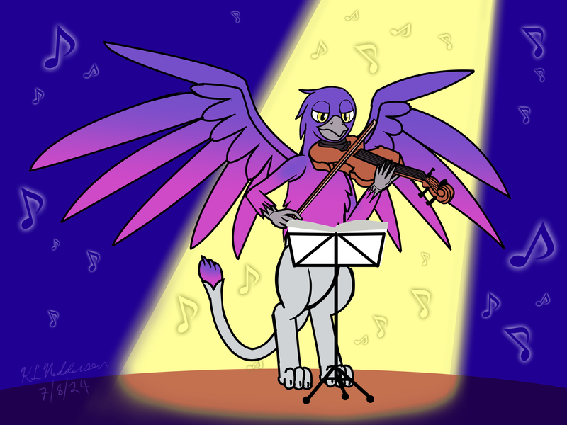 Size: 4200x3150 | Tagged: safe, artist:kelseyleah, derpibooru import, oc, oc:guarneri, gryphon, bipedal, image, jpeg, musical instrument, solo, violin