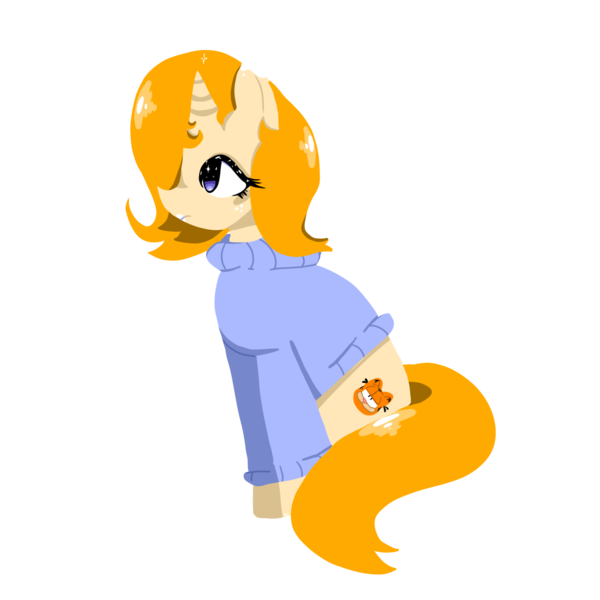 Size: 1280x1280 | Tagged: safe, artist:trixxiefloof, derpibooru import, oc, oc:jean sprinkle, unofficial characters only, pony, unicorn, clothes, fanart, freckles, full body, garfield, horn, image, lineless, lipstick, png, simple background, sitting, solo, sparkles, sweater, transparent background, unicorn oc