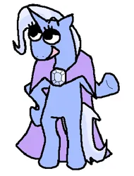 Size: 318x419 | Tagged: safe, artist:fragonreal, derpibooru import, trixie, pony, unicorn, g4, bipedal, cape, clothes, eyebrows, eyebrows visible through hair, floating eyebrows, hat, hoof on hip, horn, image, jpeg, lidded eyes, open mouth, open smile, pixel-crisp art, simple background, smiling, standing, trixie's cape, trixie's hat, white background