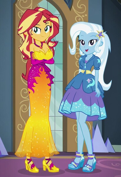 Size: 832x1216 | Tagged: safe, ai content, machine learning generated, prompter:tiamatnightmare, sunset shimmer, trixie, human, equestria girls, castle, clothes, dress, female, humanized, image, jpeg, lesbian, princess dress, shipping, suntrix