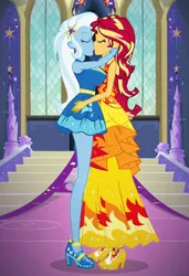 Size: 832x1216 | Tagged: safe, ai content, machine learning generated, prompter:tiamatnightmare, sunset shimmer, trixie, human, equestria girls, castle, clothes, dress, female, humanized, image, jpeg, lesbian, princess dress, shipping, suntrix