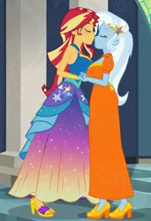 Size: 832x1216 | Tagged: safe, ai content, machine learning generated, prompter:tiamatnightmare, sunset shimmer, trixie, human, equestria girls, castle, clothes, dress, female, humanized, image, jpeg, lesbian, princess dress, shipping, suntrix