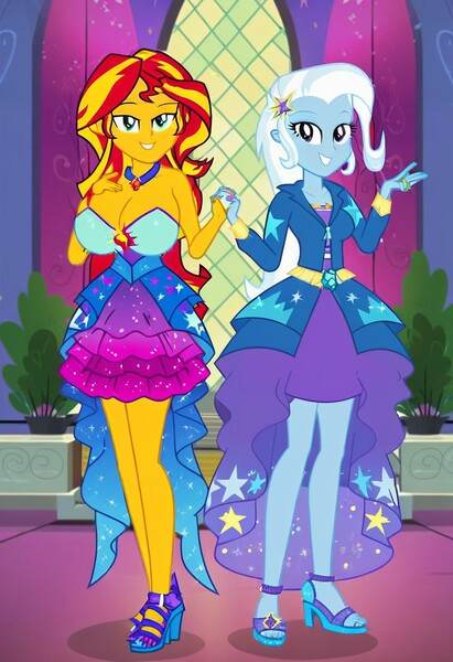 Size: 832x1216 | Tagged: safe, ai content, machine learning generated, prompter:tiamatnightmare, sunset shimmer, trixie, human, equestria girls, castle, clothes, dress, female, humanized, image, jpeg, lesbian, princess dress, shipping, suntrix