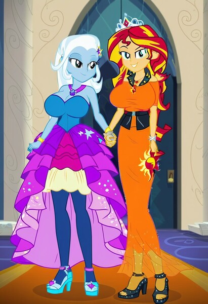 Size: 832x1216 | Tagged: safe, ai content, machine learning generated, prompter:tiamatnightmare, sunset shimmer, trixie, human, equestria girls, castle, clothes, dress, female, humanized, image, jpeg, lesbian, princess dress, shipping, suntrix