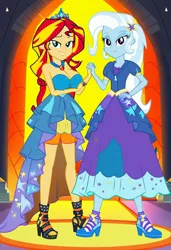 Size: 832x1216 | Tagged: safe, ai content, machine learning generated, prompter:tiamatnightmare, sunset shimmer, trixie, human, equestria girls, castle, clothes, dress, female, humanized, image, jpeg, lesbian, princess dress, shipping, suntrix