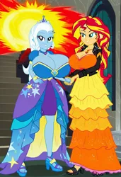 Size: 832x1216 | Tagged: suggestive, ai content, machine learning generated, prompter:tiamatnightmare, sunset shimmer, trixie, human, equestria girls, breasts, busty sunset shimmer, busty trixie, castle, clothes, dress, female, humanized, image, jpeg, lesbian, princess dress, shipping, suntrix