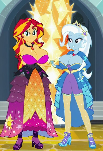 Size: 832x1216 | Tagged: suggestive, ai content, machine learning generated, prompter:tiamatnightmare, sunset shimmer, trixie, human, equestria girls, breasts, busty sunset shimmer, busty trixie, castle, clothes, dress, female, humanized, image, jpeg, lesbian, princess dress, shipping, suntrix