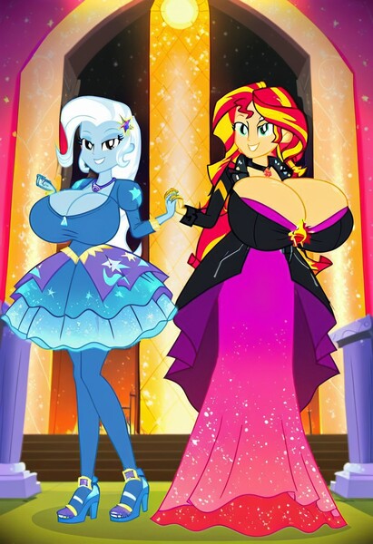 Size: 832x1216 | Tagged: suggestive, ai content, machine learning generated, prompter:tiamatnightmare, sunset shimmer, trixie, human, equestria girls, breasts, busty sunset shimmer, busty trixie, castle, clothes, dress, female, humanized, image, jpeg, lesbian, princess dress, shipping, suntrix