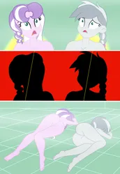 Size: 3430x4973 | Tagged: suggestive, artist:gmaplay, derpibooru import, diamond tiara, silver spoon, human, equestria girls, g4, ass, butt, diamond buttiara, duo, duo female, female, image, magic, magic abuse, magic attack, magical shock, nudity, older, older diamond tiara, older silver spoon, png, sexy, shower, silverbutt, unconscious