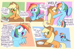 Size: 2102x1397 | Tagged: safe, artist:doodlesinky, derpibooru import, applejack, rainbow dash, earth pony, pegasus, appledash, bromance, cake, comic, duo, duo female, female, fluttering, flying, food, fork, glaze, image, implied lesbian, implied shipping, lesbian, png, shipping