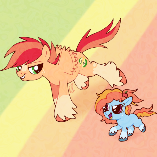 Size: 2048x2048 | Tagged: safe, artist:doodlesinky, derpibooru import, oc, oc:apple slice, oc:cloudy sunshine, earth pony, pegasus, pony, blaze (coat marking), brother and sister, coat markings, colt, duo, facial markings, female, filly, foal, freckles, image, looking at each other, looking at someone, magical lesbian spawn, male, mare, offspring, open mouth, open smile, parent:applejack, parent:rainbow dash, parents:appledash, png, running, siblings, small wings, smiling, socks (coat marking), stallion, wings