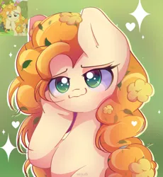 Size: 2350x2550 | Tagged: safe, artist:miryelis, derpibooru import, screencap, pear butter, earth pony, pony, g4, the perfect pear, cute, female, flower, flower in hair, heart, image, long hair, mare, png, raised hoof, screencap reference, smiling, solo, sparkles
