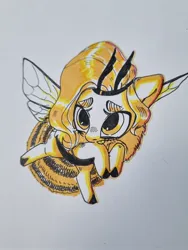 Size: 1920x2560 | Tagged: safe, artist:ekot, derpibooru import, pipp petals, bee, bee pony, hybrid, insect, original species, pony, g5, bumblebipp, female, image, jpeg, limited palette, mare, marker drawing, photo, shy, simple background, solo, species swap, traditional art