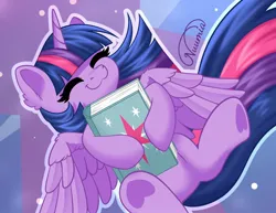 Size: 1974x1520 | Tagged: safe, artist:nuumia, derpibooru import, twilight sparkle, twilight sparkle (alicorn), alicorn, pony, g4, :3, book, cute, eyes closed, female, hoof heart, horn, image, jpeg, mare, outline, signature, smiling, solo, spread wings, twiabetes, underhoof, white outline, wings