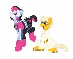 Size: 1051x854 | Tagged: safe, artist:dravenday, derpibooru import, ponified, earth pony, pony, robot, robot pony, alphys, bucktooth, clothes, duo, duo male and female, female, glasses, image, jpeg, lab coat, looking at each other, looking at someone, looking back, male, mare, mettaton, mettaton ex, open mouth, open smile, raised hoof, raised leg, signature, simple background, sitting, smiling, smug, stallion, strutting, undertale, white background