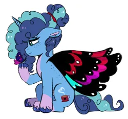 Size: 2058x1920 | Tagged: safe, artist:emera33, derpibooru import, oc, oc:veneer, butterfly, insect, pony, unicorn, g5, alternate cutie mark, alternate universe, butterfly wings, disguise, disguised changeling, female, floppy ears, horn, image, lidded eyes, looking at something, mare, misty brightdawn, png, sad, simple background, solo, white background, wings