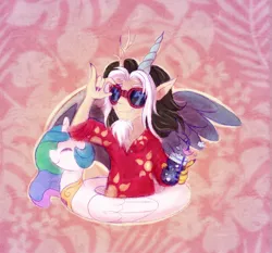 Size: 6935x6460 | Tagged: safe, artist:equmoria, derpibooru import, discord, princess celestia, human, absurd resolution, floaty, glass, glasses, grin, horn, horned humanization, horns, humanized, image, inflatable, inflatable alicorn, inflatable toy, jpeg, pool toy, smiling, solo, summer, summertime, swanlestia, winged humanization, wings