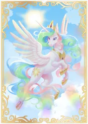 Size: 1614x2283 | Tagged: safe, artist:shibachichi, derpibooru import, princess celestia, alicorn, pony, cloud, cutie mark eyes, female, flying, image, mare, png, solo, sun, wingding eyes