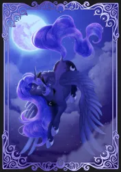 Size: 1614x2283 | Tagged: safe, artist:shibachichi, derpibooru import, princess luna, alicorn, pony, cloud, cutie mark eyes, female, flying, image, mare, mare in the moon, moon, night, png, wingding eyes