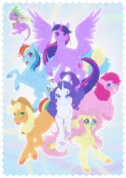 Size: 1614x2283 | Tagged: safe, artist:shibachichi, derpibooru import, applejack, fluttershy, pinkie pie, rainbow dash, rarity, spike, twilight sparkle, twilight sparkle (alicorn), alicorn, butterfly, dragon, earth pony, insect, pegasus, pony, unicorn, butterfly on nose, chest fluff, cutie mark eyes, female, gem, horn, image, insect on nose, mane seven, mane six, mare, png, unshorn fetlocks, wingding eyes, winged spike, wings