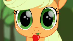 Size: 1920x1080 | Tagged: safe, artist:k. dale, derpibooru import, applejack, earth pony, pony, g4, :3, apple, blurry background, bust, cute, detailed eyes, female, food, image, looking at you, mare, movie accurate, png, solo