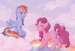 Size: 2048x1387 | Tagged: safe, artist:starryducks, derpibooru import, pinkie pie, rainbow dash, earth pony, pegasus, pony, g4, cloud, duo, duo female, female, grin, image, looking at each other, looking at someone, mare, on a cloud, png, rainbow, raised hoof, sitting, sitting on cloud, sky, smiling, smiling at each other, walking on air