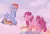 Size: 2048x1387 | Tagged: safe, artist:starryducks, derpibooru import, pinkie pie, rainbow dash, earth pony, pegasus, pony, g4, cloud, duo, duo female, female, grin, image, looking at each other, looking at someone, mare, on a cloud, png, rainbow, raised hoof, sitting, sitting on cloud, sky, smiling, smiling at each other, walking on air