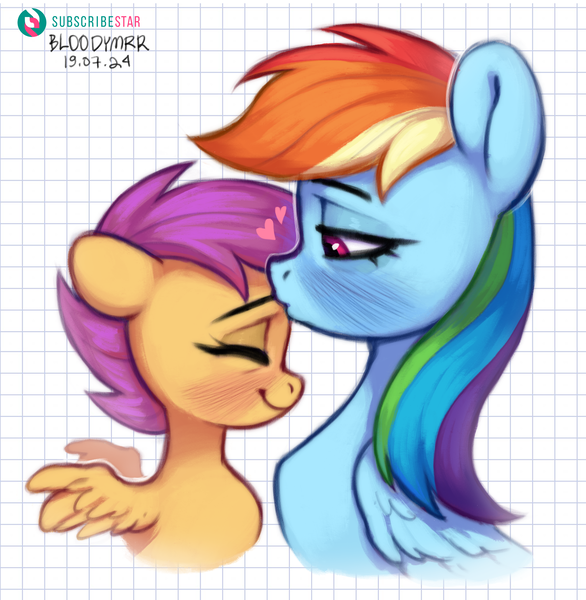 Size: 3120x3194 | Tagged: safe, artist:bloodymrr, derpibooru import, rainbow dash, scootaloo, pegasus, pony, blushing, duo, duo female, eyes closed, female, females only, foal, forehead kiss, heart, image, implied futa on female, implied lesbian, kissing, lesbian, mare, png, scootadash, shipping, siblings, sisters, stepsisters, wingding eyes