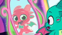 Size: 1280x720 | Tagged: safe, derpibooru import, screencap, sparky sparkeroni, g5, my little pony: tell your tale, spoiler:g5, spoiler:my little pony: tell your tale, spoiler:tyts02e16, funhouse mirror, hall-o-marers, image, inverted colors, looking back, male, mirror, png, rear view, reflection, solo, spread wings, wings