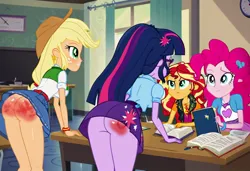 Size: 1216x832 | Tagged: suggestive, ai content, machine learning generated, ponerpics import, ponybooru import, prompter:desconhecido2000, applejack, pinkie pie, sci-twi, sunset shimmer, twilight sparkle, human, equestria girls, alternate hairstyle, applebutt, applejack's hat, armband, ass, behind, bent over desk, blonde hair, book, bottomless, butt, classroom, clothes, cowboy hat, curly hair, curtains, curvy, female, glasses, hair tie, hairclip, hat, human coloration, humanized, image, jpeg, long hair, no panties, no underwear, pain, pink hair, school, sci-twibutt, skirt, skirt up, spank mark, spanked, straight hair, table, teenager, teeth, tricolored hair, twibutt, two toned hair, wall clock, window