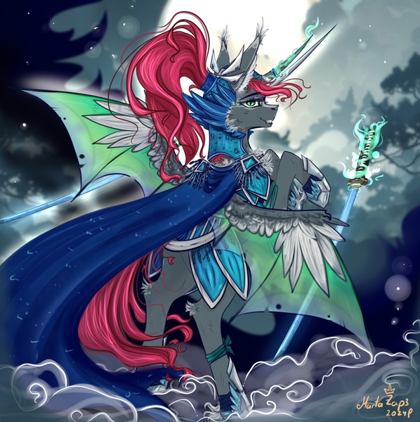 Size: 1458x1463 | Tagged: safe, derpibooru import, oc, oc:nazalik, unofficial characters only, alicorn, pony, armor, fog, horn, image, jpeg, magic, night, smiling, solo, spread wings, sword, weapon, wings