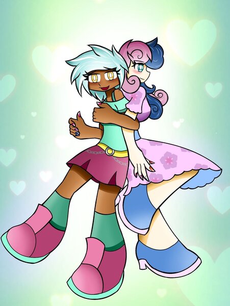 Size: 1621x2155 | Tagged: safe, artist:ru, derpibooru import, bon bon, lyra heartstrings, sweetie drops, human, g4, blushing, boots, clothes, dark skin, dress, duo, duo female, female, heart, heart background, humanized, image, jpeg, lesbian, light skin, lyrabon, open mouth, open smile, painted nails, shipping, shirt, shoes, skirt, smiling, socks